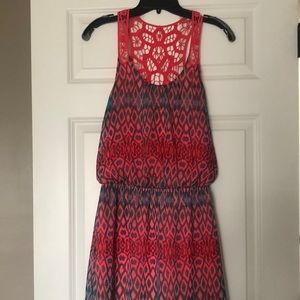 Express knee length summer dress with crochet back. Size small. Aqua/pink color